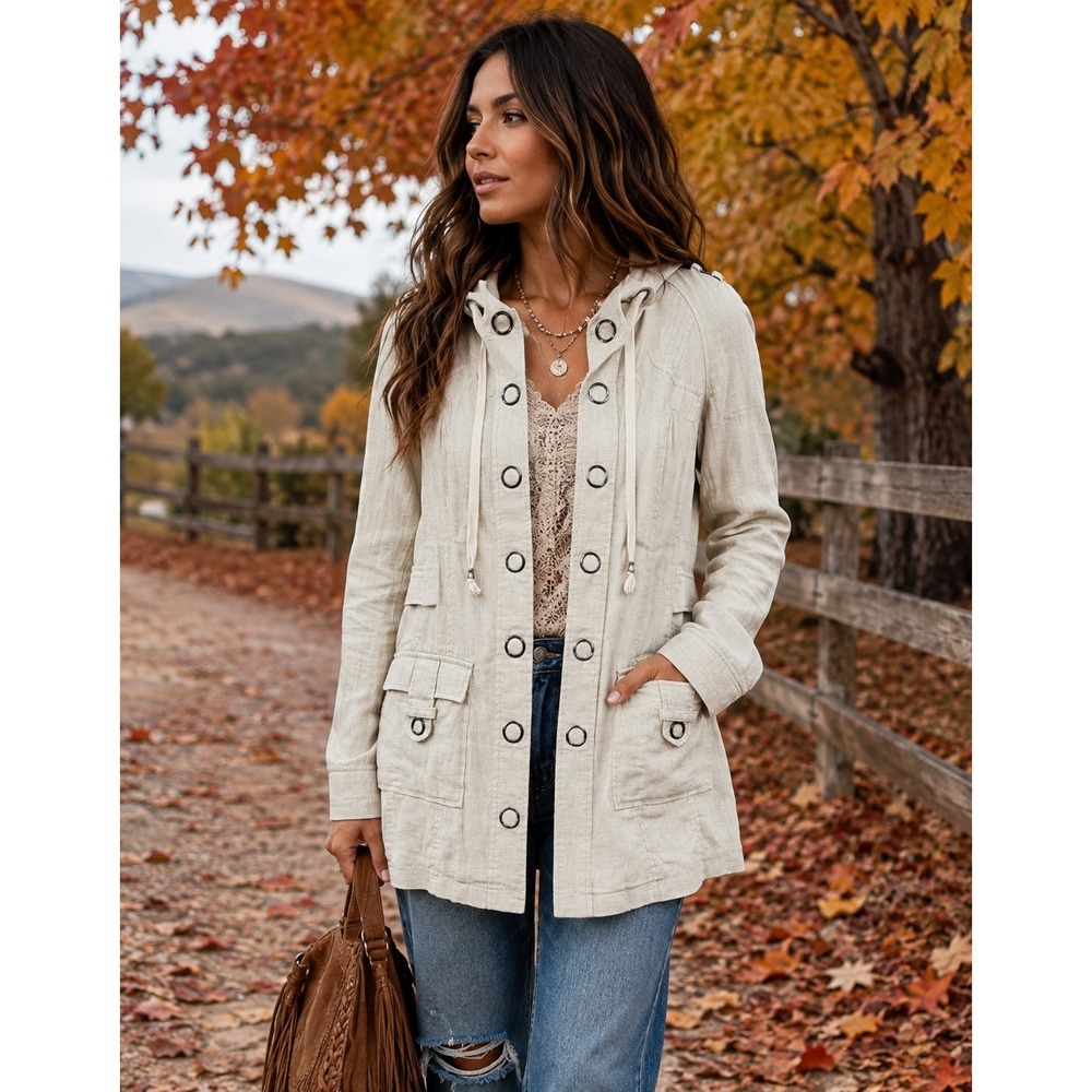 Free People Oatmeal Ramie Hooded Utility Jacket Grommet Button Cargo Coat 6